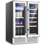 24" Dual Zone Wine and Beverage Cooler Refrigerator Freestanding Undercounter Drink Fridge for 18 Bottles & 57 Cans with Glass Door & Temp Control