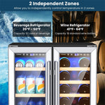 24" Dual Zone Wine and Beverage Cooler Refrigerator Freestanding Undercounter Drink Fridge for 18 Bottles & 57 Cans with Glass Door & Temp Control