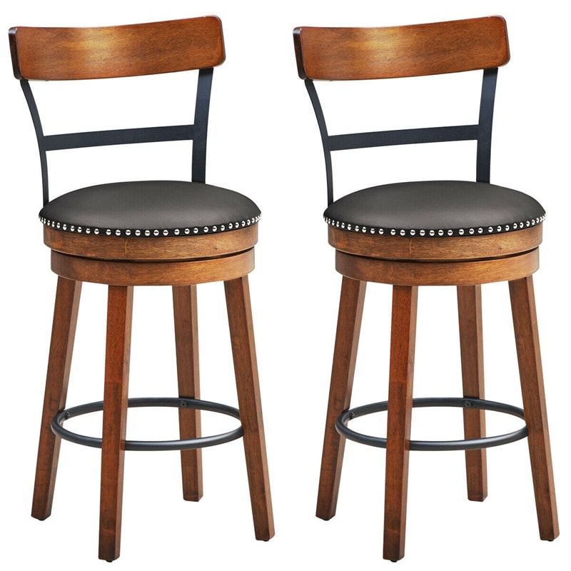 Swivel Bar Stools Set of 2, 25.5" Counter Height Bar Chairs with Leather Padded Seats, Ergonomic Backs, Rubber Wood Legs, Footrests for Kitchen Island