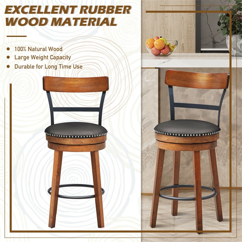 Swivel Bar Stools Set of 2, 25.5" Counter Height Bar Chairs with Leather Padded Seats, Ergonomic Backs, Rubber Wood Legs, Footrests for Kitchen Island