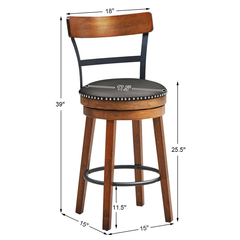 Swivel Bar Stools Set of 2, 25.5" Counter Height Bar Chairs with Leather Padded Seats, Ergonomic Backs, Rubber Wood Legs, Footrests for Kitchen Island