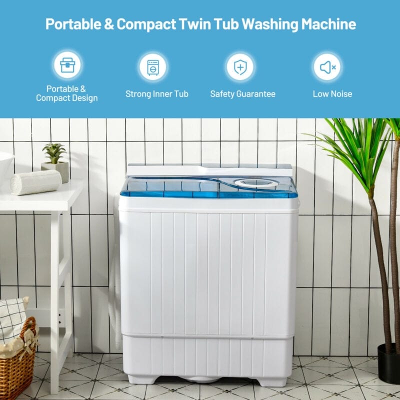 Portable Washing Machine 26LBS Semi-automatic Compact Twin Tub Washer Spin Dryer with Built-in Drain Pump