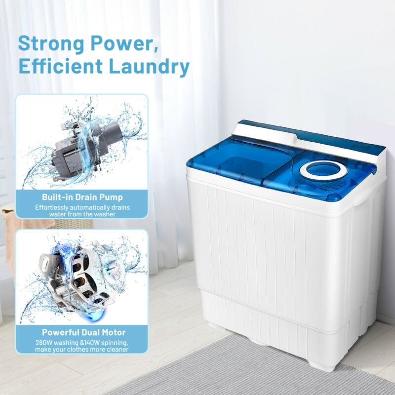 Portable Washing Machine 26LBS Semi-automatic Compact Twin Tub Washer Spin Dryer with Built-in Drain Pump