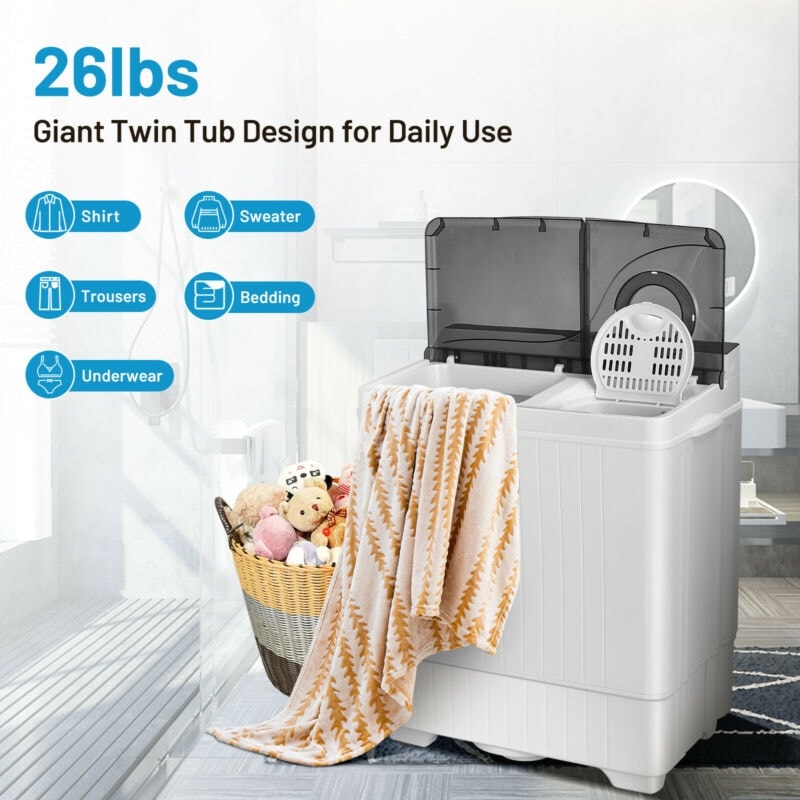 Portable Washing Machine 26LBS Semi-automatic Compact Twin Tub Washer Spin Dryer with Built-in Drain Pump