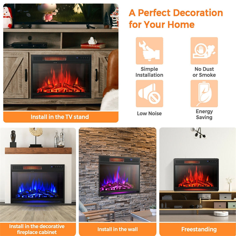 28" Electric Fireplace Insert, 1350W Freestanding Recessed Fireplace Heater with Remote Control, 3-Color Flame, Adjustable Temperature & 6H Timer