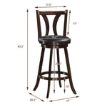 29" Swivel Bar Stools Set of 2 Solid Wood Bar Height Dining Chairs with Leather Padded Seats & Rubber Wood Legs, High Back Kitchen Chairs