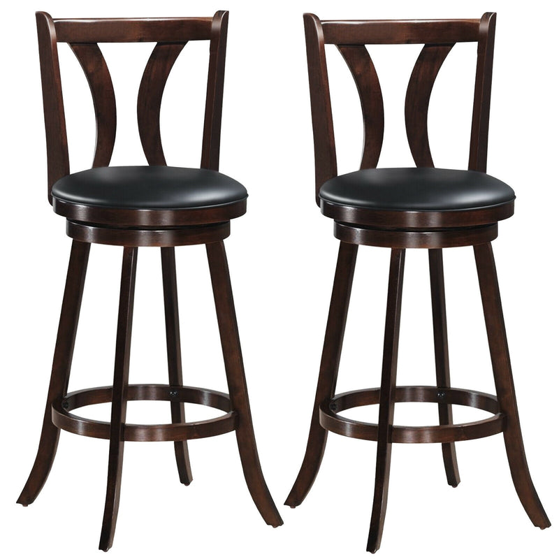 29" Swivel Bar Stools Set of 2 Solid Wood Bar Height Dining Chairs with Leather Padded Seats & Rubber Wood Legs, High Back Kitchen Chairs