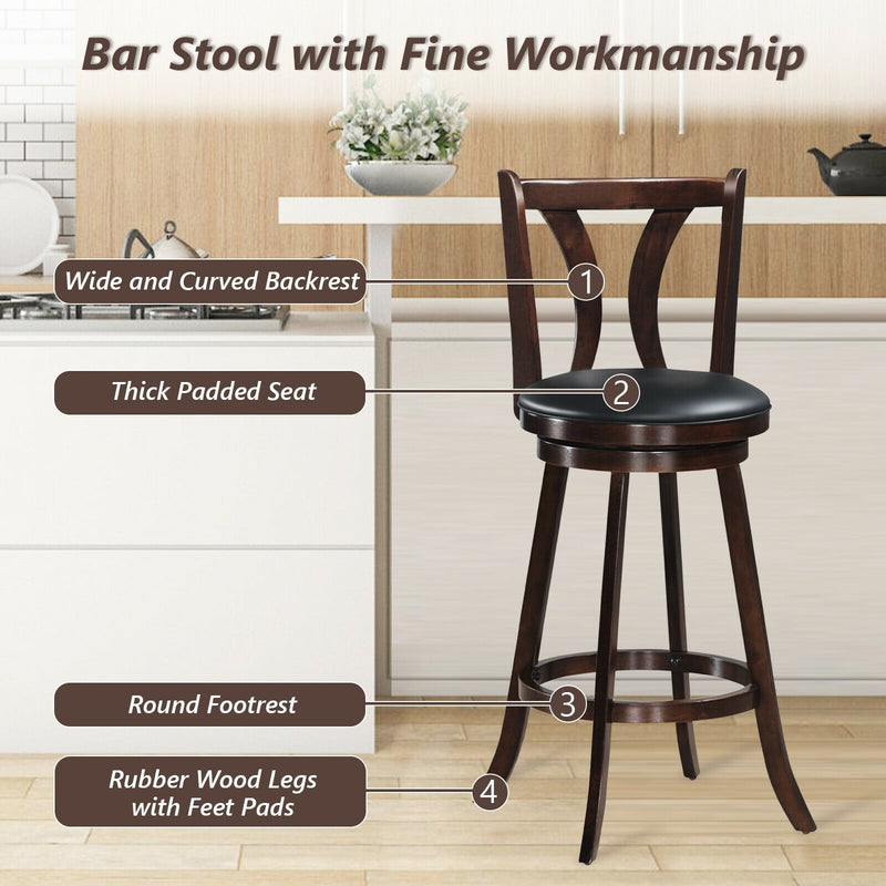 29" Swivel Bar Stools Set of 2 Solid Wood Bar Height Dining Chairs with Leather Padded Seats & Rubber Wood Legs, High Back Kitchen Chairs