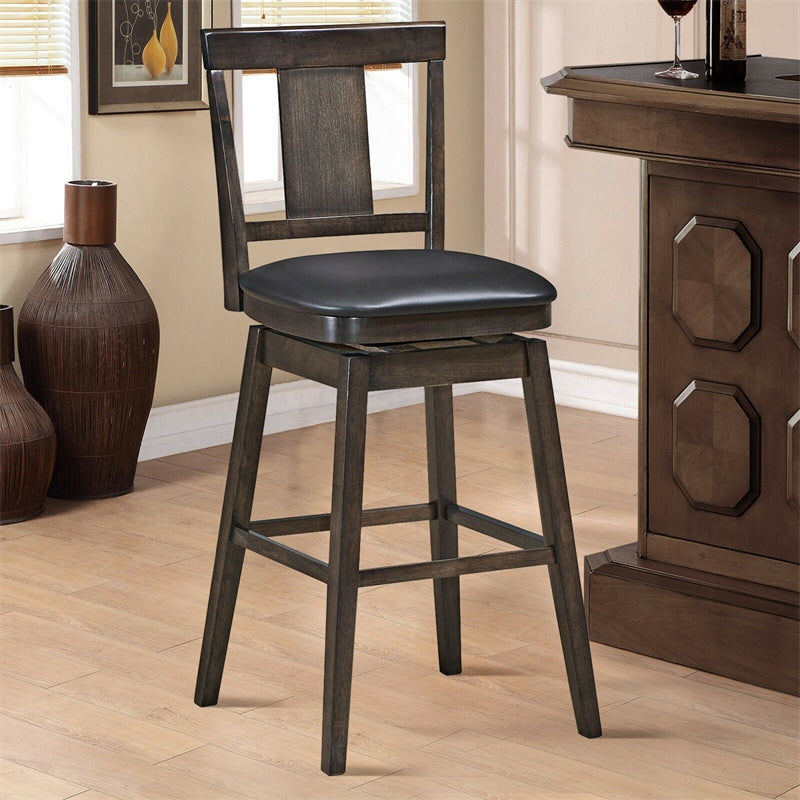 Classic Wooden Swivel Bar Stool 29" Bar Height Dining Chair with Leather Padded Seat, Single Slat Back & Rubber Wood Legs