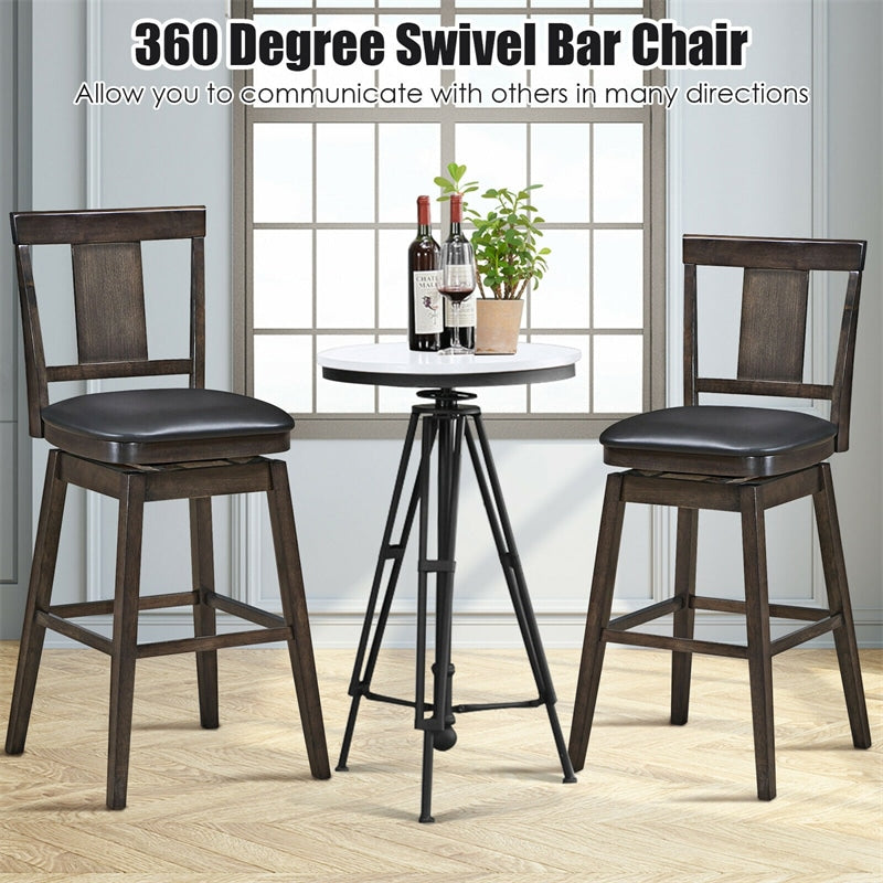 Classic Wooden Swivel Bar Stool 29" Bar Height Dining Chair with Leather Padded Seat, Single Slat Back & Rubber Wood Legs