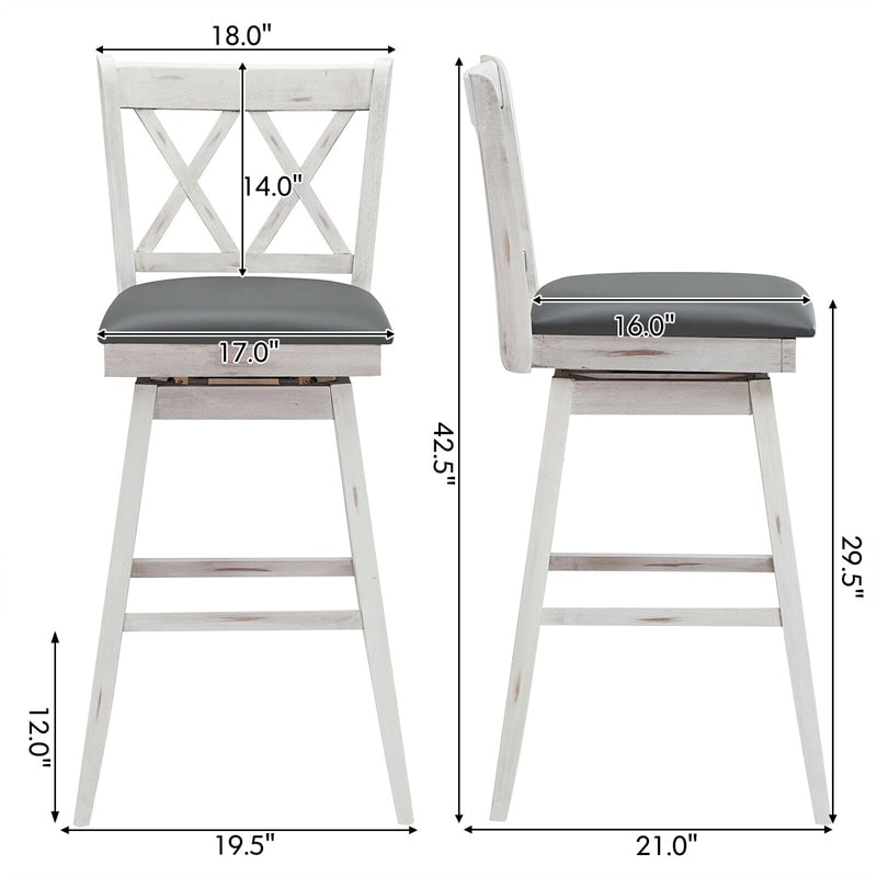 Swivel Bar Stool Set of 2, Rubber Wood 29.5" Counter Height Dining Chairs with Upholstered Cushions, Ergonomic Backrests & Footrests