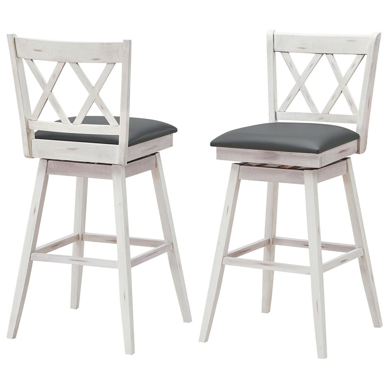 Swivel Bar Stool Set of 2, Rubber Wood 29.5" Counter Height Dining Chairs with Upholstered Cushions, Ergonomic Backrests & Footrests