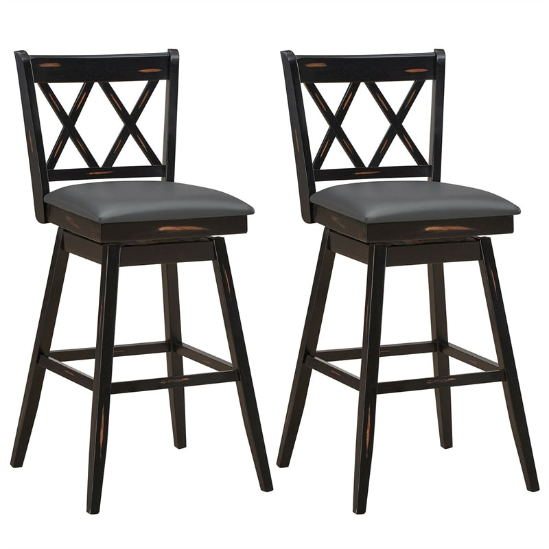 Swivel Bar Stool Set of 2, Rubber Wood 29.5" Counter Height Dining Chairs with Upholstered Cushions, Ergonomic Backrests & Footrests