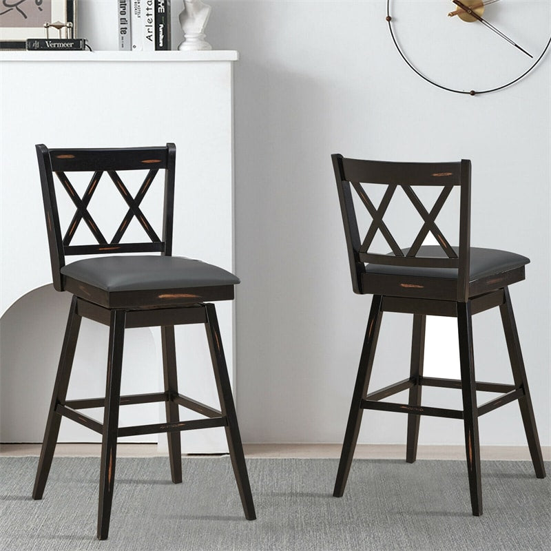 Swivel Bar Stool Set of 2, Rubber Wood 29.5" Counter Height Dining Chairs with Upholstered Cushions, Ergonomic Backrests & Footrests