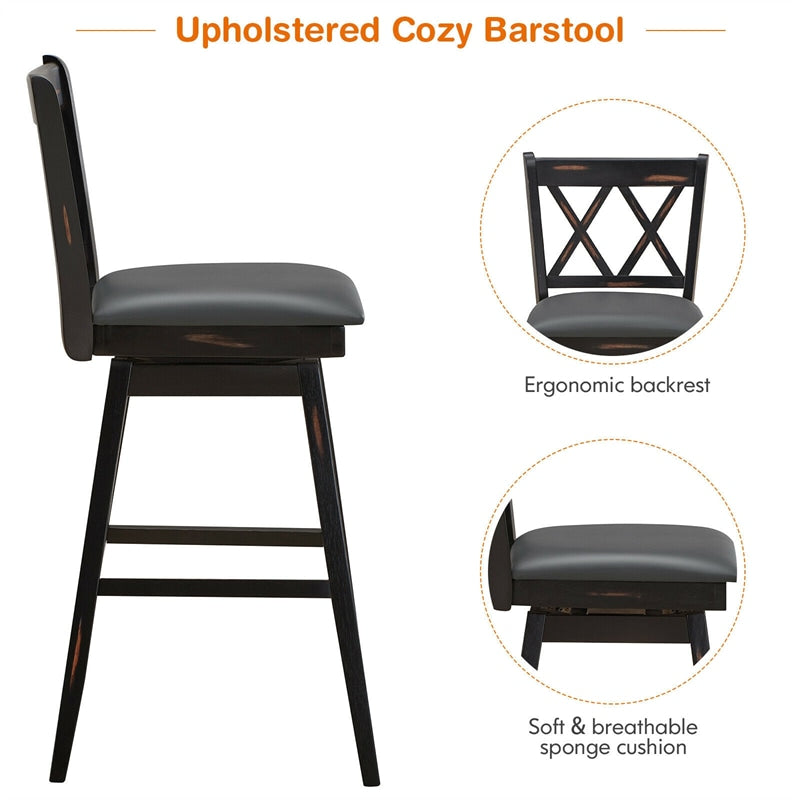 Swivel Bar Stool Set of 2, Rubber Wood 29.5" Counter Height Dining Chairs with Upholstered Cushions, Ergonomic Backrests & Footrests