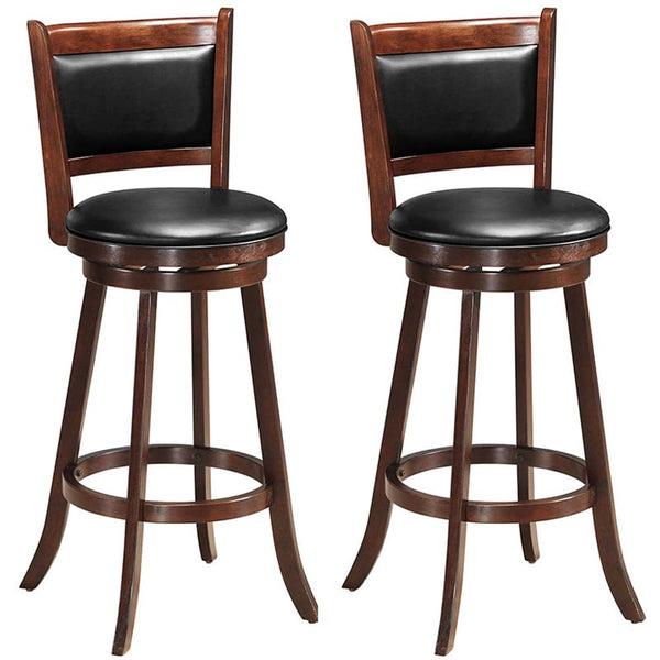 Swivel Bar Stools Set of 2, 29" Rubber Wood Bar Height Chairs with Leather Upholstered Backrests & PVC Cushioned Seats for Kitchen Island & Pub