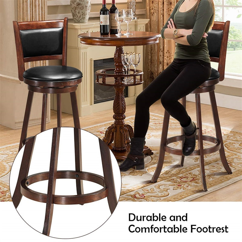 Swivel Bar Stools Set of 2, 29" Rubber Wood Bar Height Chairs with Leather Upholstered Backrests & PVC Cushioned Seats for Kitchen Island & Pub