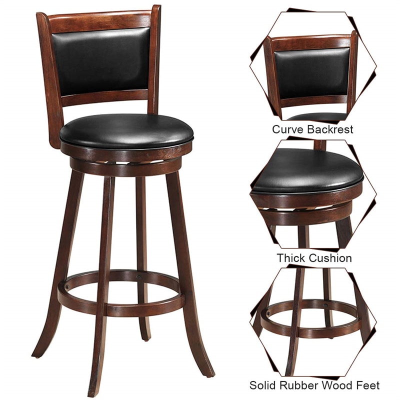 Swivel Bar Stools Set of 2, 29" Rubber Wood Bar Height Chairs with Leather Upholstered Backrests & PVC Cushioned Seats for Kitchen Island & Pub