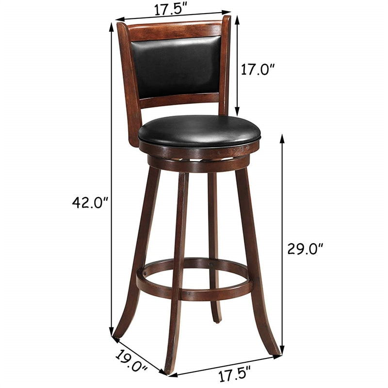 Swivel Bar Stools Set of 2, 29" Rubber Wood Bar Height Chairs with Leather Upholstered Backrests & PVC Cushioned Seats for Kitchen Island & Pub