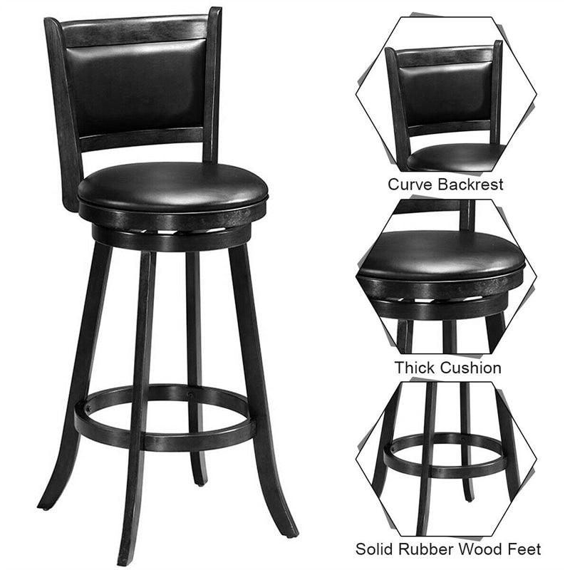 Swivel Bar Stools Set of 2, 29" Rubber Wood Bar Height Chairs with Leather Upholstered Backrests & PVC Cushioned Seats for Kitchen Island & Pub