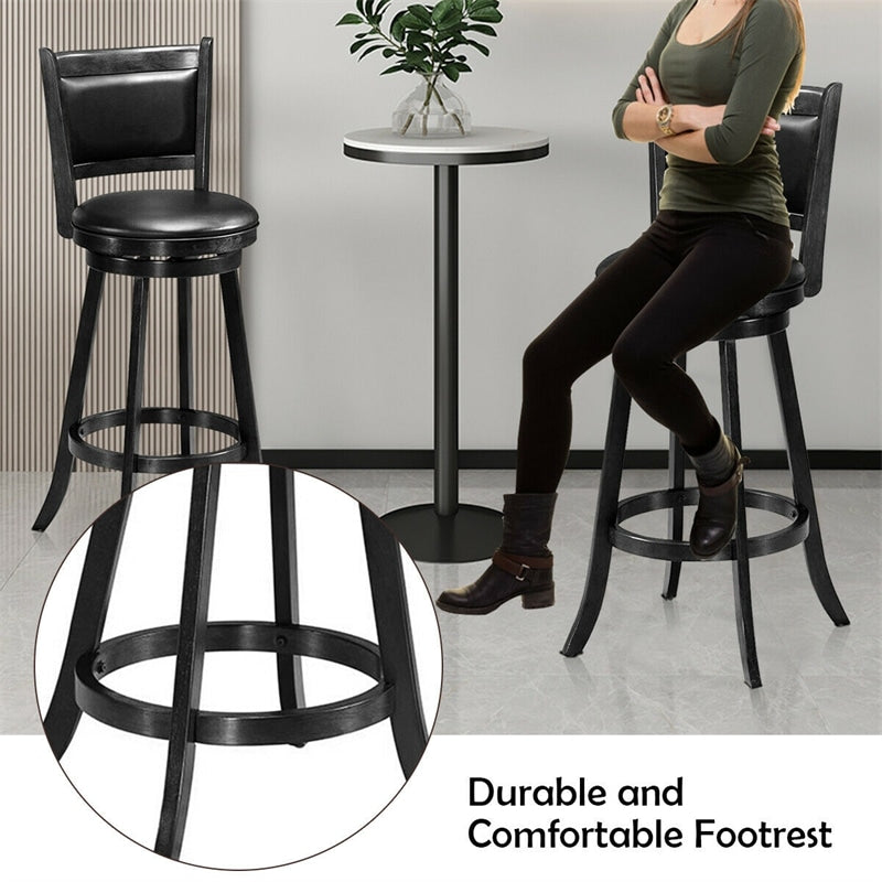 Swivel Bar Stools Set of 2, 29" Rubber Wood Bar Height Chairs with Leather Upholstered Backrests & PVC Cushioned Seats for Kitchen Island & Pub