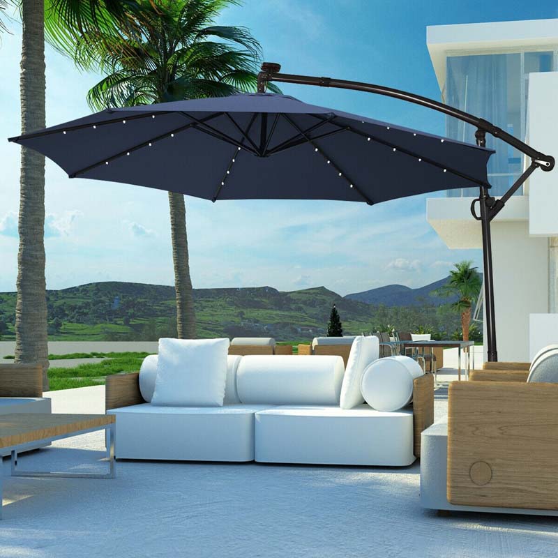 10FT Offset Patio Umbrella Solar Powered LED Outdoor Market Umbrella 360 Degree Rotation with Crank Handle & Cross Base