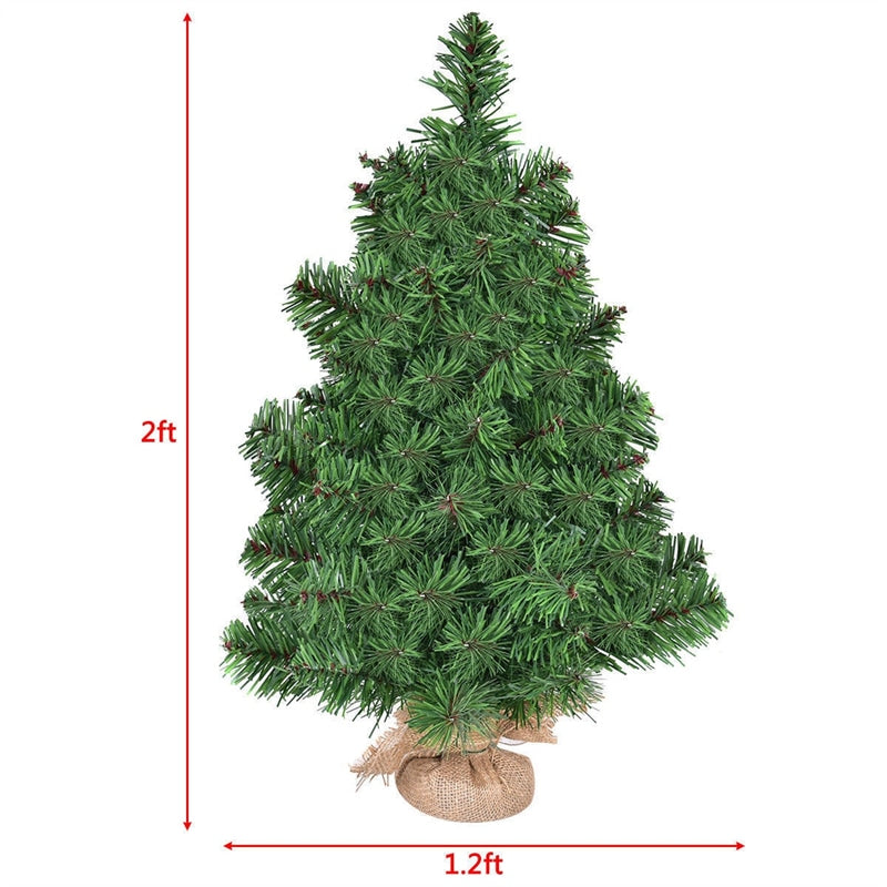 2FT Tabletop Mini Christmas Tree Artificial Green Spruce Xmas Tree for Home Office Decoration with 96 PVC Branch Tips, Cloth Bag Base