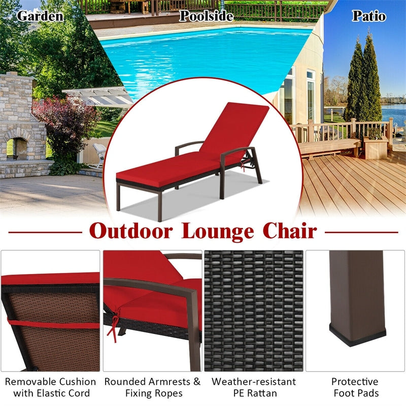 2 PCS Outdoor Wicker Chaise Lounge Patio Lounge Chair Rattan Pool Sun Lounger with Cushions & Adjustable Backrests