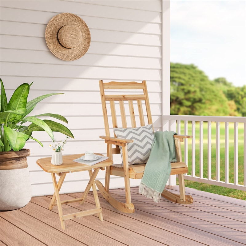 2 Piece Outdoor Rocking Chair & Table Set, Solid Wood Patio Rocker with Folding Side Table, Rocking Bistro Set for Garden Porch Backyard Balcony