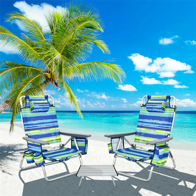 3 Pcs Outdoor Folding Backpack Beach Chairs 5-Position Sling Chair Set with Side Table