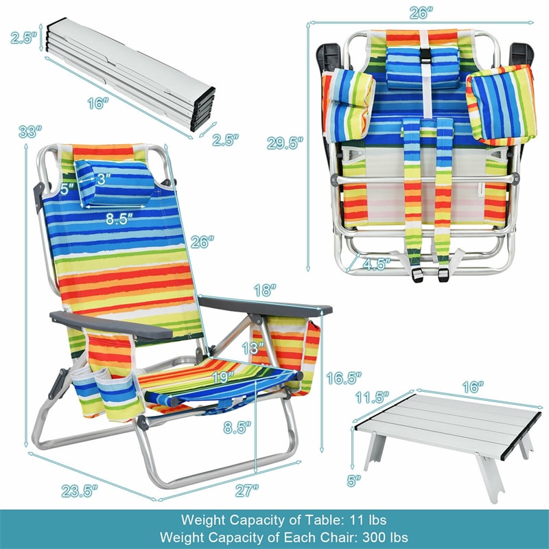 3 Pcs Outdoor Folding Backpack Beach Chairs 5-Position Sling Chair Set with Side Table