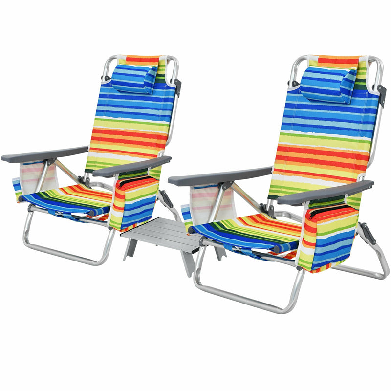 3 Pcs Outdoor Folding Backpack Beach Chairs 5-Position Sling Chair Set with Side Table