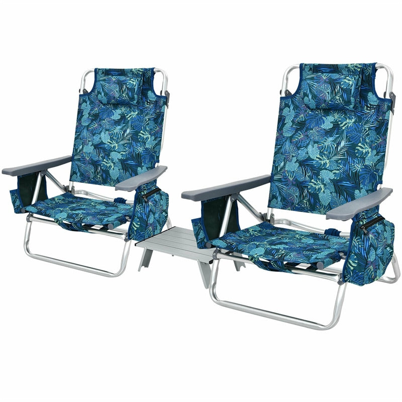 3 Pcs Outdoor Folding Backpack Beach Chairs 5-Position Sling Chair Set with Side Table