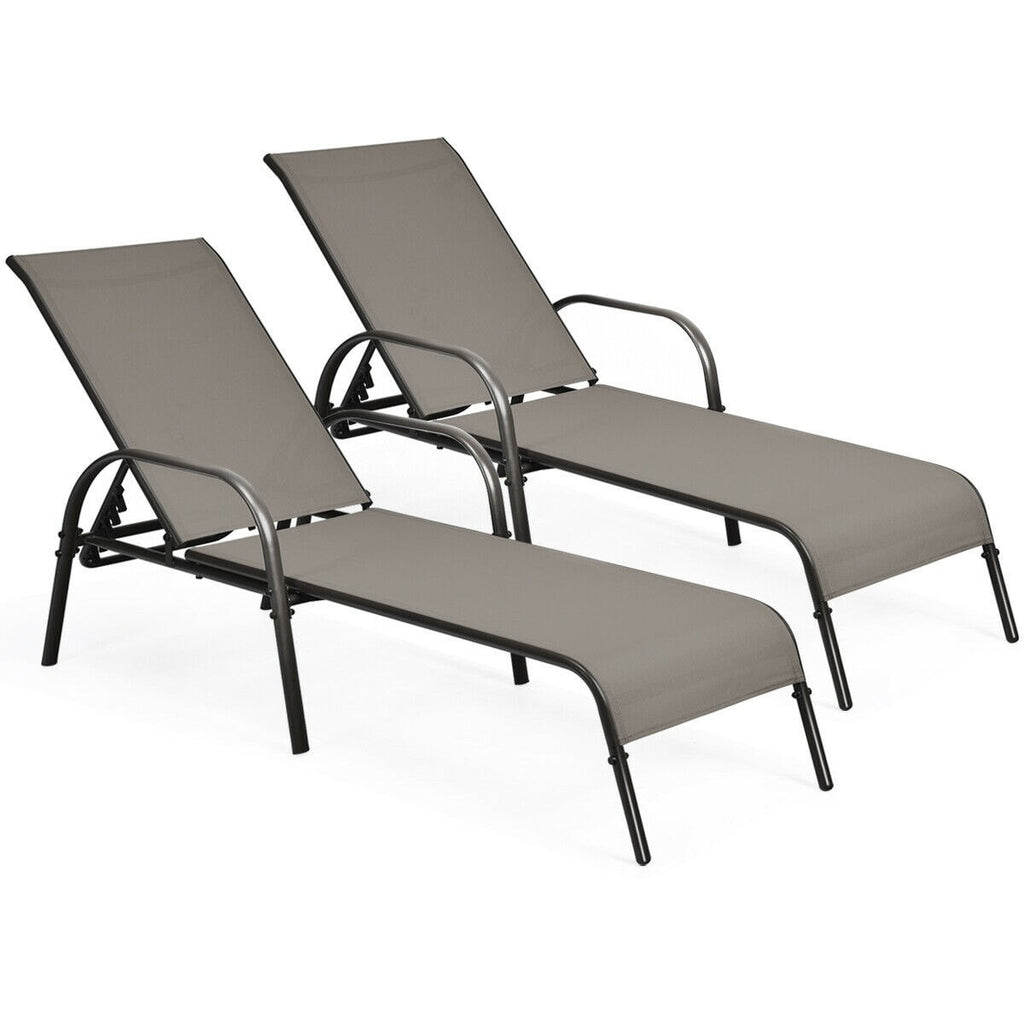 2 Pack Outdoor Sling Chaise Lounges Patio Lounge Chairs Sunbathing Chairs Sun Loungers with 5 Adjustable Backrests & Sturdy Steel Frames