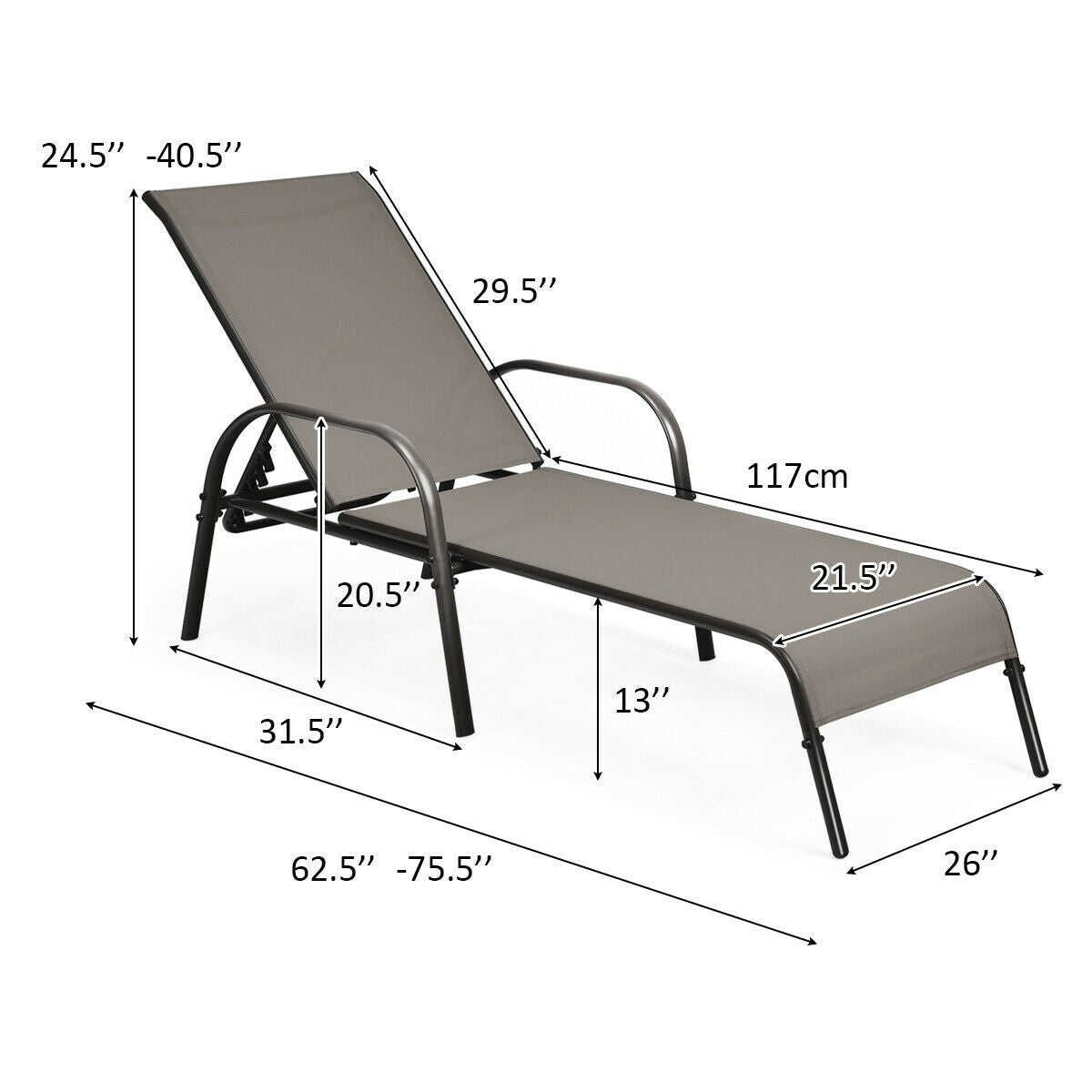 2-Pack Outdoor Sling Chaise Lounge Chairs with 5-Position Adjustable Backrest, Steel Frame Patio Sun Loungers for Poolside, Yard & Balcony