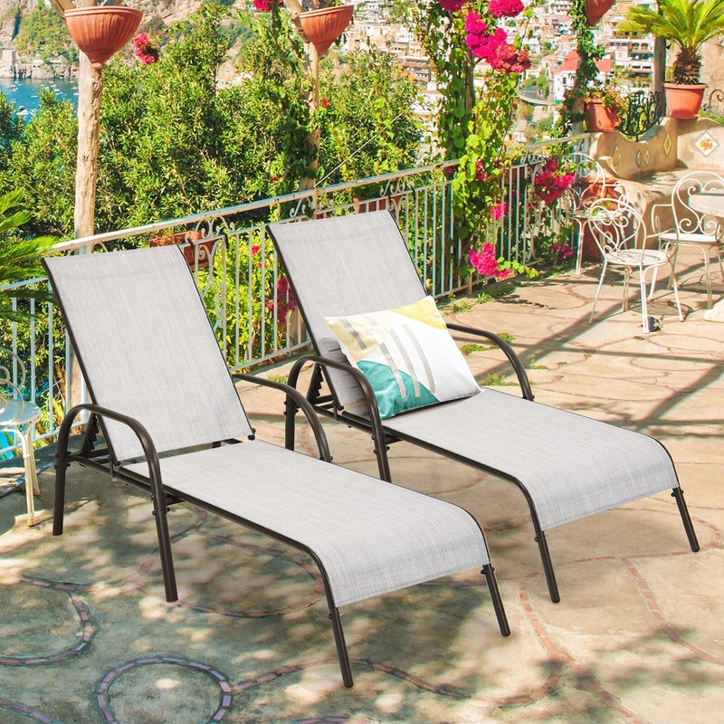 2 Pack Outdoor Sling Chaise Lounges Patio Lounge Chairs Sunbathing Chairs Sun Loungers with 5 Adjustable Backrests & Sturdy Steel Frames