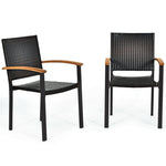 2 Pcs Wicker Stackable Outdoor Chairs PE Rattan Patio Dining Chairs with Galvanized Steel Frame & Acacia Wood Armrests