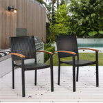 2 Pcs Wicker Stackable Outdoor Chairs PE Rattan Patio Dining Chairs with Galvanized Steel Frame & Acacia Wood Armrests