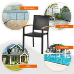 2 Pcs Wicker Stackable Outdoor Chairs PE Rattan Patio Dining Chairs with Galvanized Steel Frame & Acacia Wood Armrests