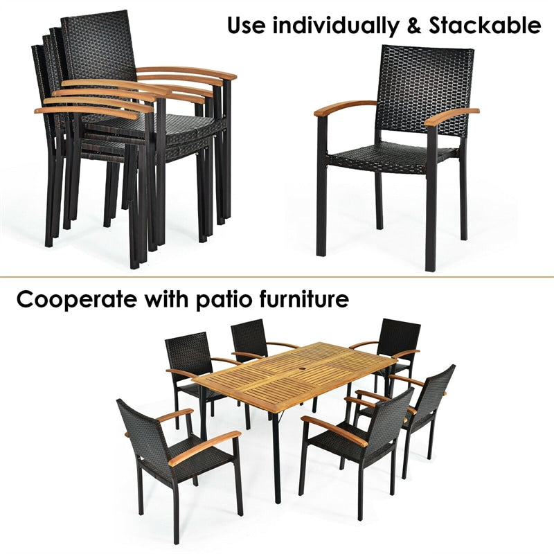 2 Pcs Wicker Stackable Outdoor Chairs PE Rattan Patio Dining Chairs with Galvanized Steel Frame & Acacia Wood Armrests