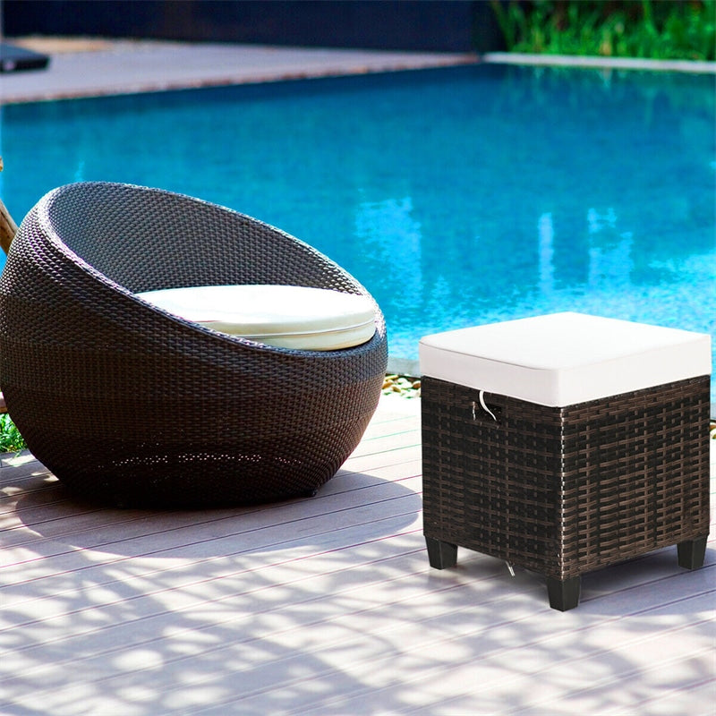 2 Pieces Rattan Patio Ottomans All Weather Outdoor Wicker Ottomans Footstools Footrests with Removable Cushions