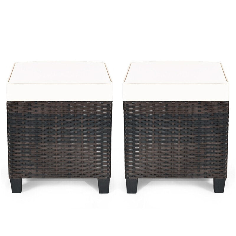 2 Pieces Rattan Patio Ottomans All Weather Outdoor Wicker Ottomans Footstools Footrests with Removable Cushions