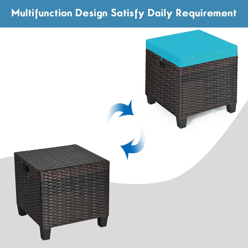 2 Pieces Rattan Patio Ottomans All Weather Outdoor Wicker Ottomans Footstools Footrests with Removable Cushions