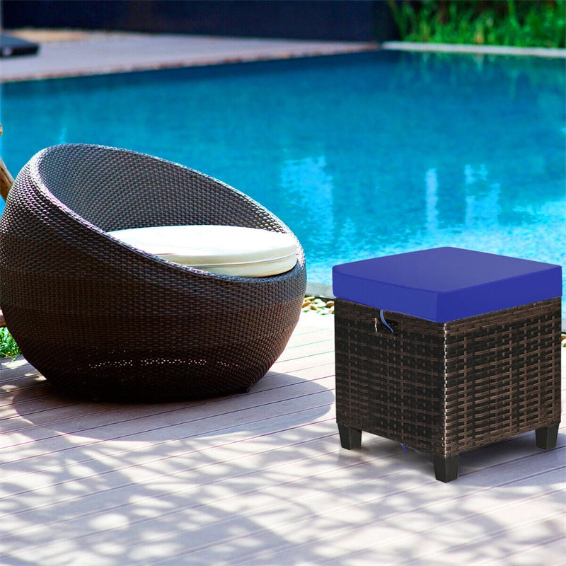 2 Pieces Rattan Patio Ottomans All Weather Outdoor Wicker Ottomans Footstools Footrests with Removable Cushions