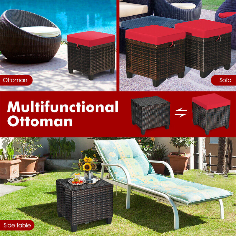 2 Pieces Rattan Patio Ottomans All Weather Outdoor Wicker Ottomans Footstools Footrests with Removable Cushions