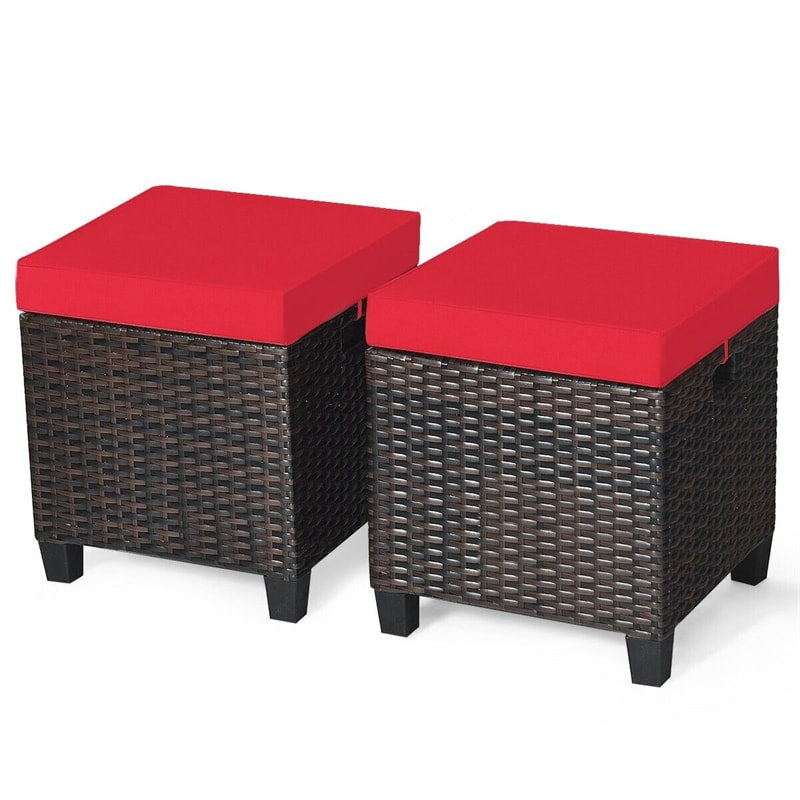 2 Pieces Rattan Patio Ottomans All Weather Outdoor Wicker Ottomans Footstools Footrests with Removable Cushions