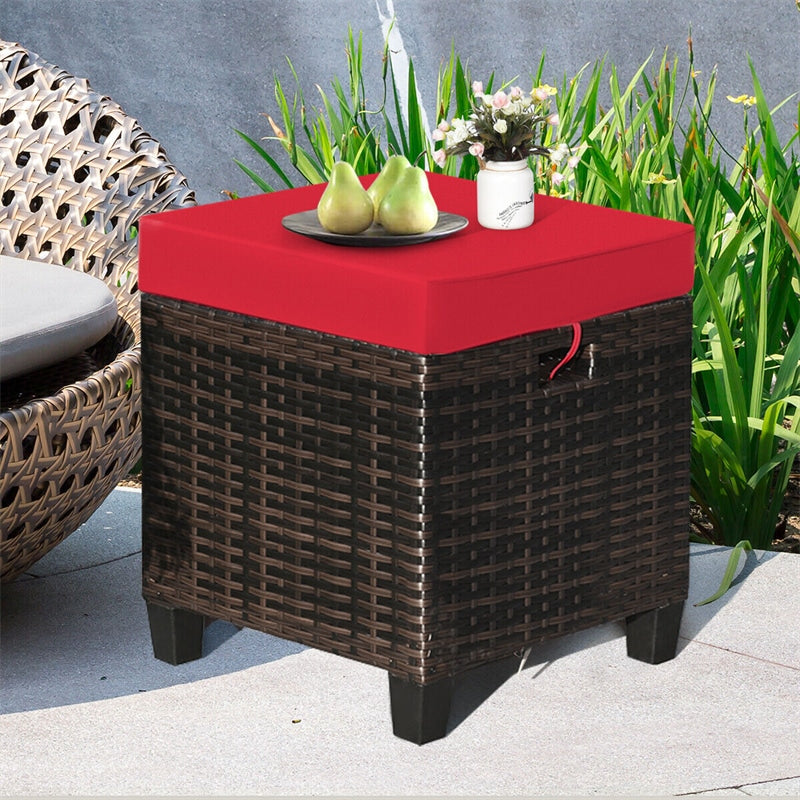 2 Pieces Rattan Patio Ottomans All Weather Outdoor Wicker Ottomans Footstools Footrests with Removable Cushions