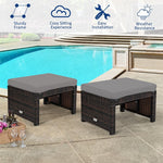 2 Pieces Patio Rattan Ottomans All Weather Outdoor Footstools Footrest Seats with Soft Cushions