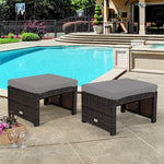 2 Pieces Patio Rattan Ottomans All Weather Outdoor Footstools Footrest Seats with Soft Cushions