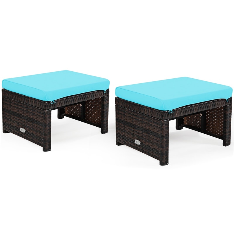 2 Pieces Patio Rattan Ottomans All Weather Outdoor Footstools Footrest Seats with Soft Cushions